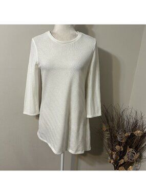 NWT Reba Cream Gold Metallic Pullover Asymmetrical Hem Sweater 3/4 Sleeve Sz S